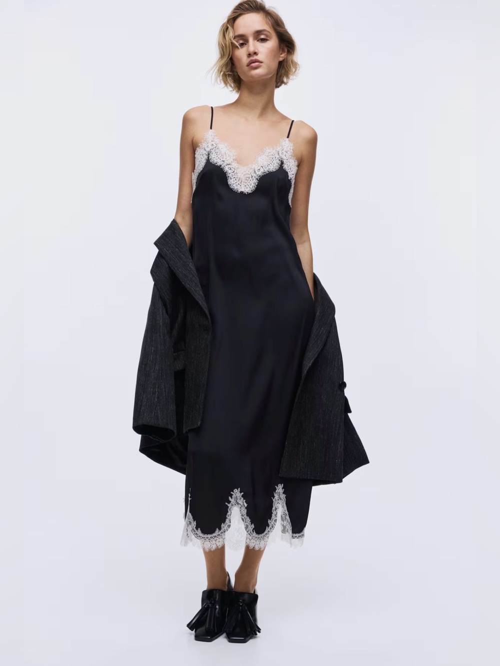NWT H&M Black Lace-Trimmed Slip Dress S